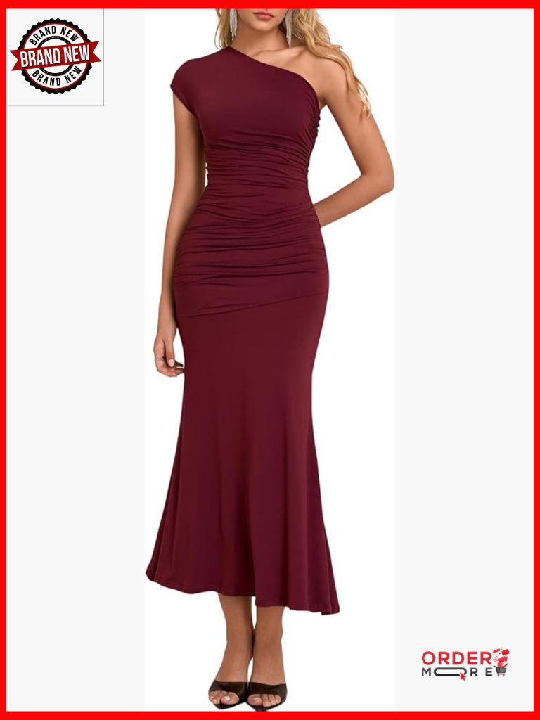 One Shoulder Formal Midi Dress Ruched Bodycon Wedding Guest Cocktail